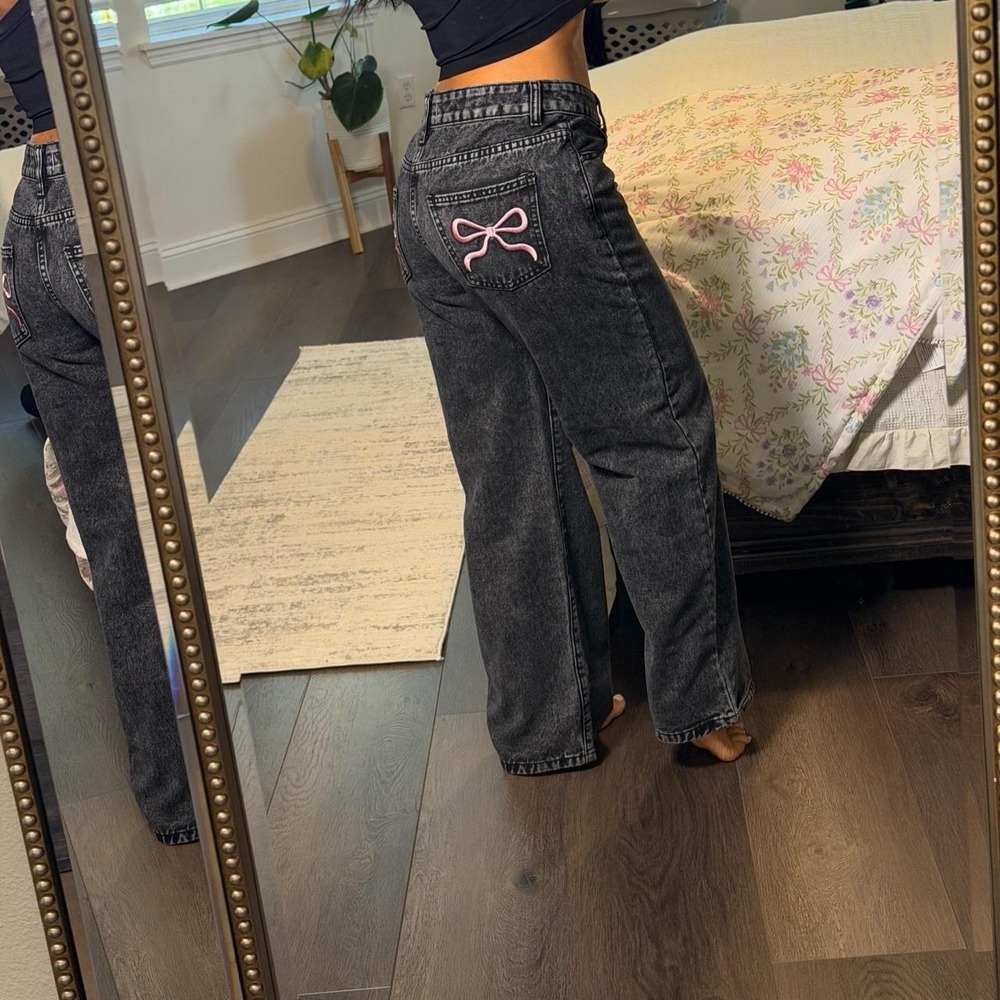Disclosure Black Wash Wide Leg Jeans Pink Bow Pockets Size 5/27 Y2K